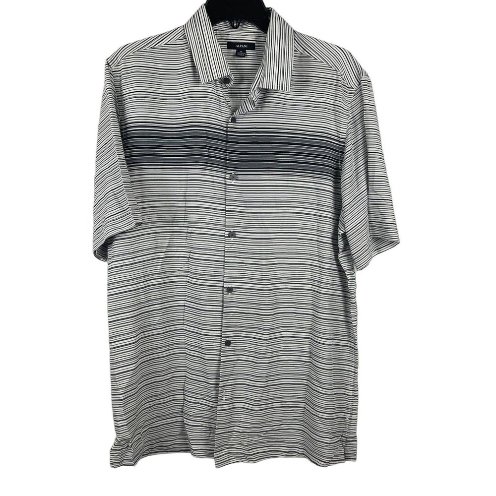 Alfani Men Striped Size M Short Sleeve Button Up Shirt 100% Rayon White Black